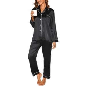 Womens Silk Pajamas Set Button Down Silk Pjs Long Sleeve and Pants Ladies Satin PJ Sets Loungewear Lounge Nightwear (Large, Black)