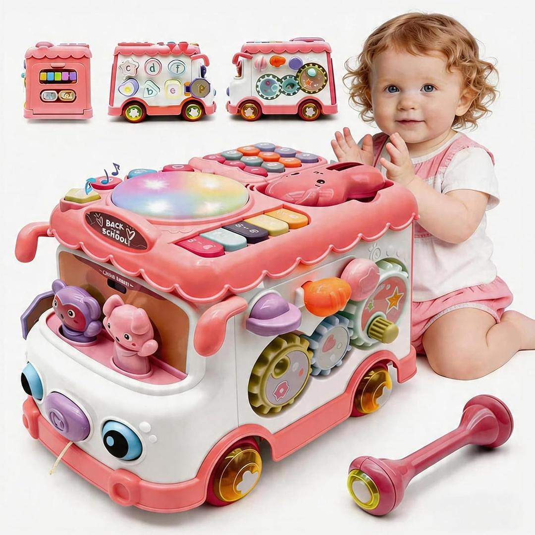 Baby Bus Toy for 1 Year Old Girl Gifts, Montessori Musical Bus Toy for Baby 12-18 Months, Baby Piano Drums for Toddlers 1-3, Shape Sort Toys 1st Birthday Gifts for Girls, 10.24 x 7.6 x 7.4 inches