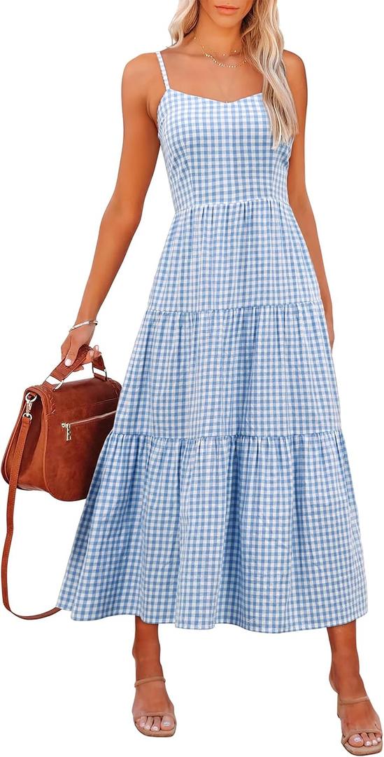 ANRABESS Womens Summer Midi Dresses Casual Striped Plaid Sleeveless Flowy Maxi Dress 2026 Beach Vacation Sundress (Light Blue White Plaid)