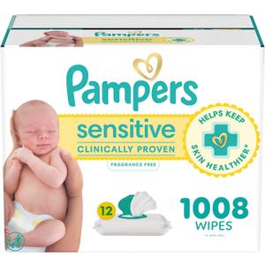 Pampers Sensitive Baby Wipes, Unscented, Fragrance Free, Clinically Proven, Water Based, Hypoallergenic, Multi-Use, Hand Wipes, 1008 Wipes Total (18X Flip-Top Packs)