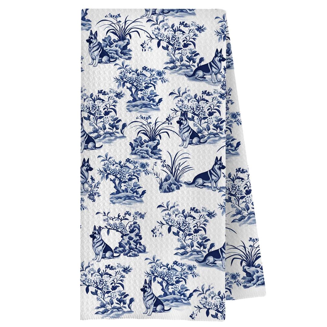 ChenCraty Chinoiserie German Shepherd Kitchen Towels, German Shepherd Gifts Dish Tea Towels for Kitchen Decor, Grand Millenial Floral Dog Decorative Hand Towels for Bathroom, 16x24 Inches