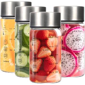 4 Pcs 10oz Glass Juice Bottles with Lids, Wide Mouth Glass Water Bottles with Measurement Markings Reusable Borosilicate Bottle for Juicing Smoothies Beverages, Leakproof Stainless Steel Caps