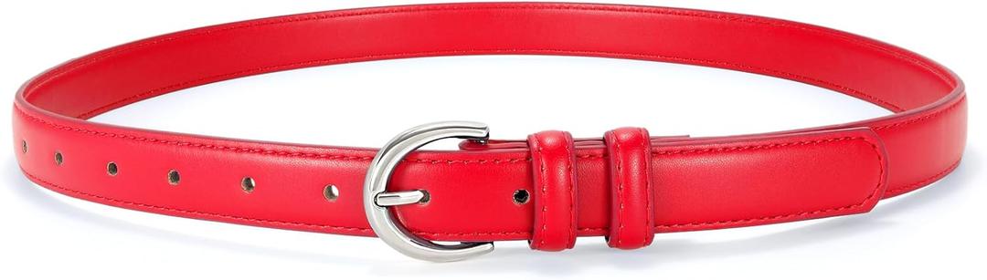 SANSTHS Women Leather Belt for Jeans Pants Fashion Ladies Skinny Belt for Dresses Thin Belt with Single Prong Buckle (Red)