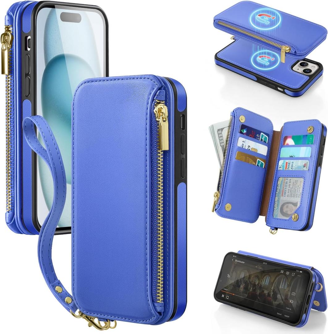 Antsturdy 2 in 1 Detachable for iPhone 15 Plus Wallet case with Magsafe,RFID Blocking Magnetic Wireless Charging PU Leather Phone case Flip Folio Cover Card Holder Wrist Strap Women,Purple Blue
