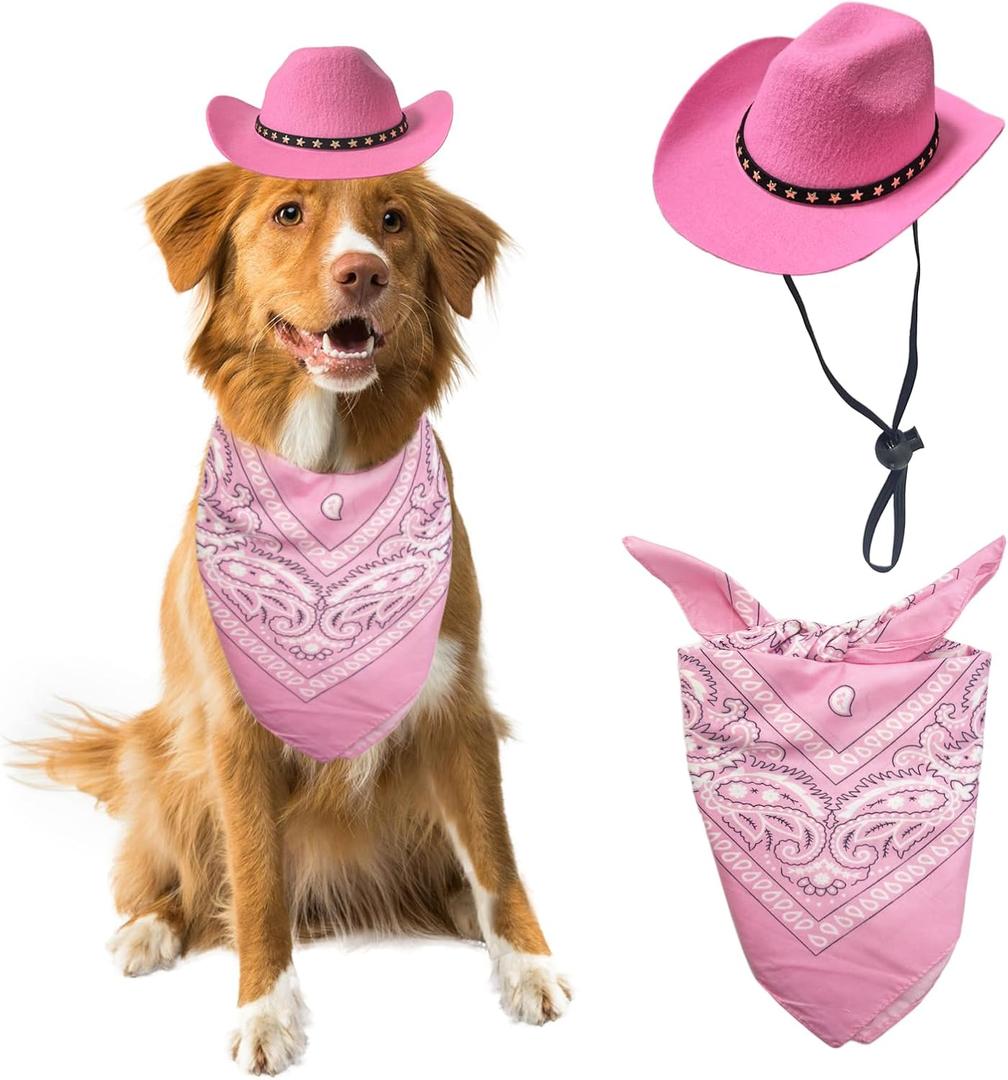 Dog and Cat Cowboy Hat With Bandana Scarf - Mini Pet Costume for Holiday, Halloween, Party Decoration (Pink, Large)