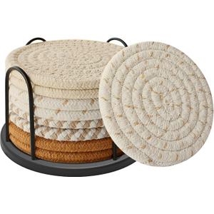 Coasters Set of 8 for Drinks, Beer, Coffee, Cotton Woven 4 Colors Absorbent Coaster with Holder, Boho Coasters for Home Decor Tabletop Protection Suitable for Kinds of Cups, Coffee