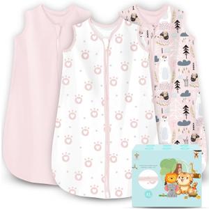 Cute Castle Baby Sleep Sack 18-24 Months - Lightweight 100% Cotton 2-Way Zipper TOG 0.5 Infant Wearable Blanket, Newborn Essentials Toddler Sleep Clothes, 3 Pack(Pink, Bear, Bear Claw)