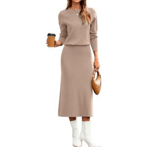 Glamaker Womens 2 Piece Skirt Sets Fall Long Sleeve Sweater Dress Casual Knit Midi Dress Travel Outfits Winter Clothes 2025 (Large, Khaki)