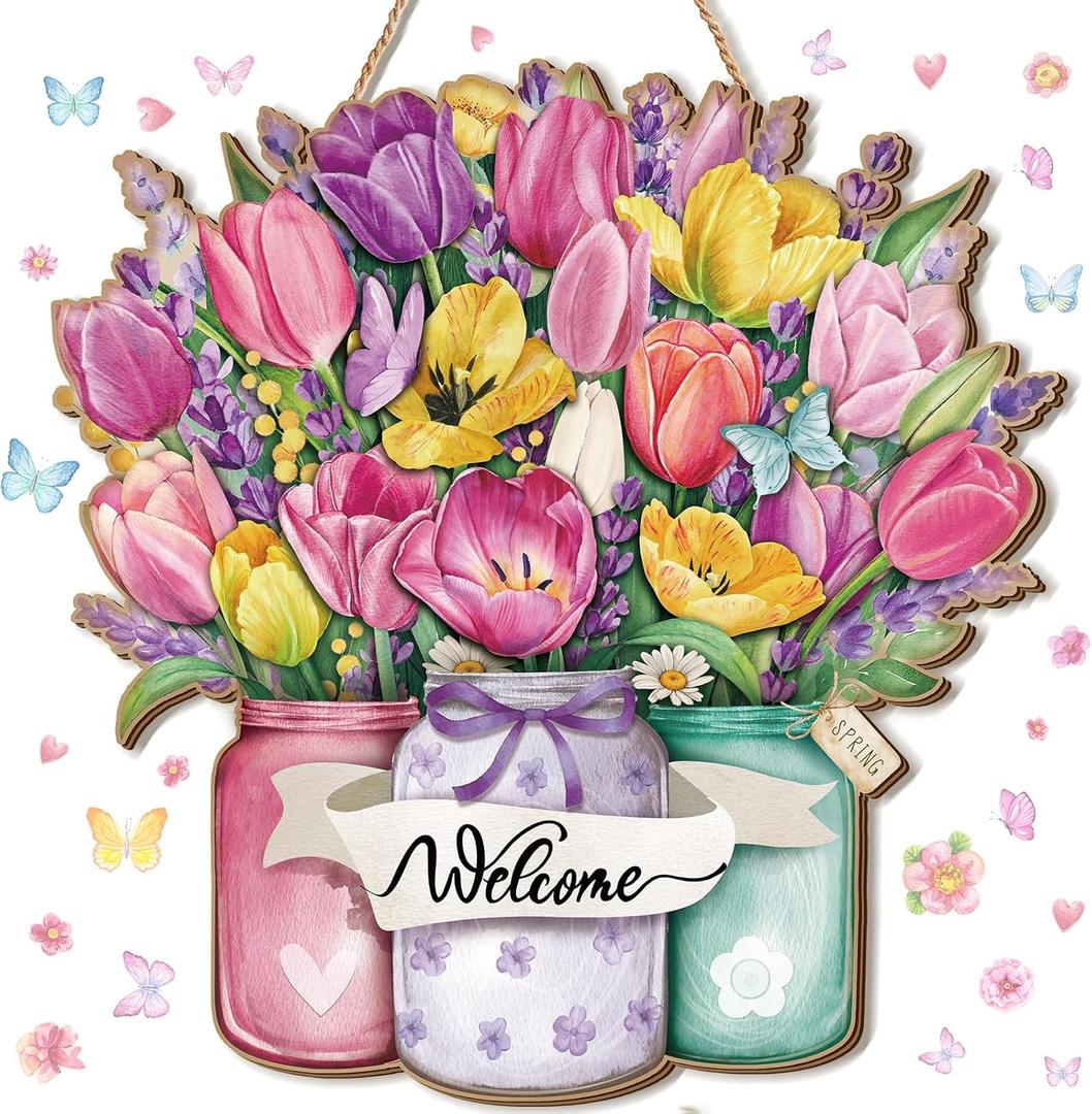 Spring Door Decor for Home 11.8 x 11.4 Inch Spring Welcome Door Sign Fresh Flower Style Welcome Wooden Sign Wooden Hanging Wall Decor for Porch Farmhouse Outdoor