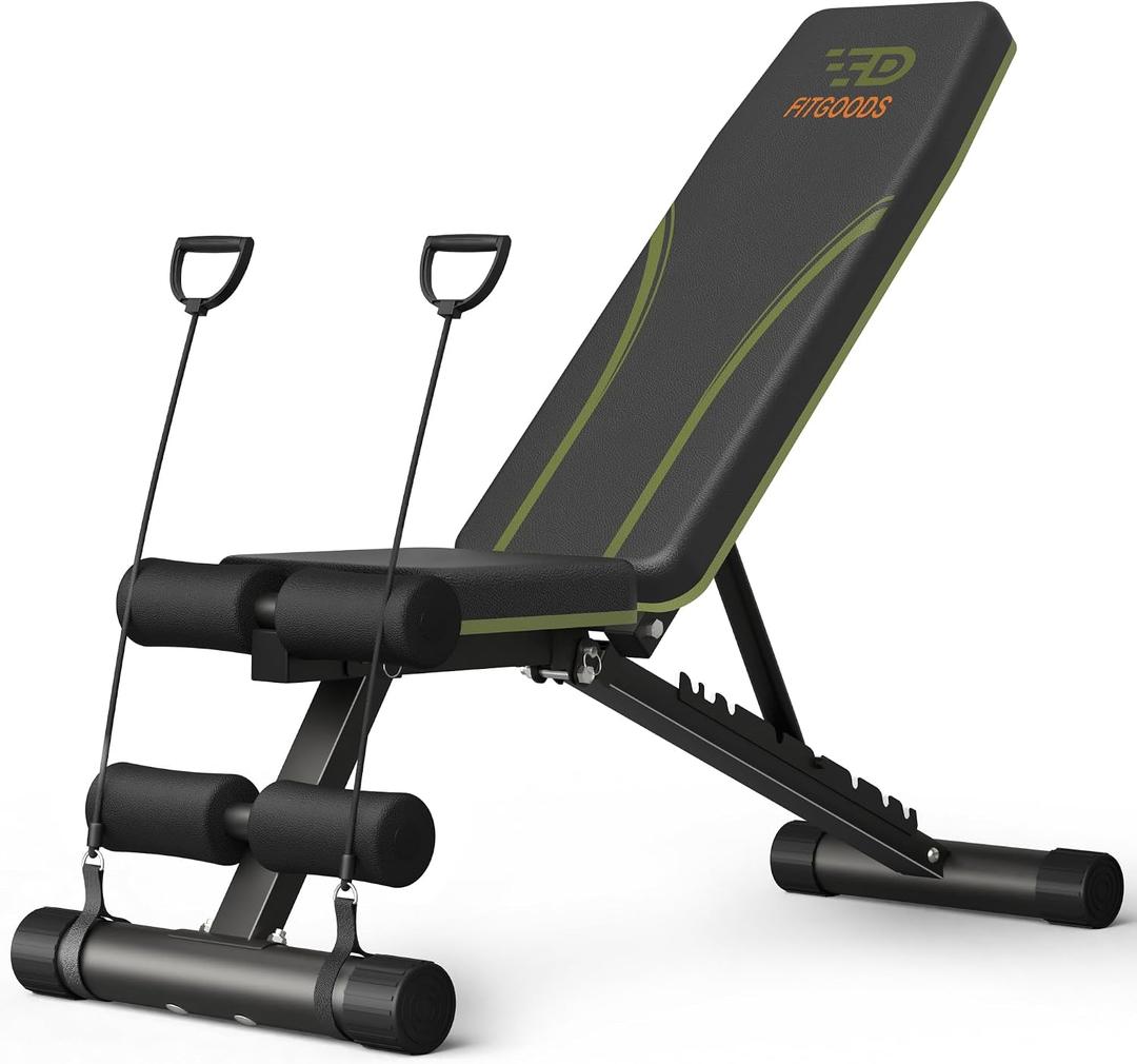 Fitgoods Adjustable Weight Bench for Home Gym, Foldable 700LBS Workout Bench with 9 Backrests, Multi-Purpose Bench Press for Incline Decline Flat with Fast Adjustment (2 resistance bands)
