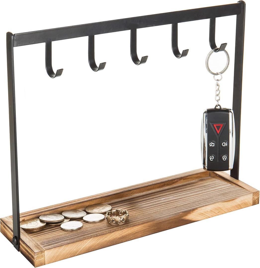 MyGift Black Metal Entryway Key Holder with 5 Hooks and Burnt Wood Base, Tabletop Necklace and Jewelry Organizer Rack with Ring Tray