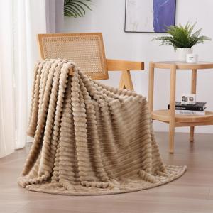 Tan Fleece Throw Blanket 5060 for Couch Sofa Bed,Super Soft Cozy Plush Microfiber Flannel Blanket with Stripes Design Lightweight for Adults,Woman,Girls