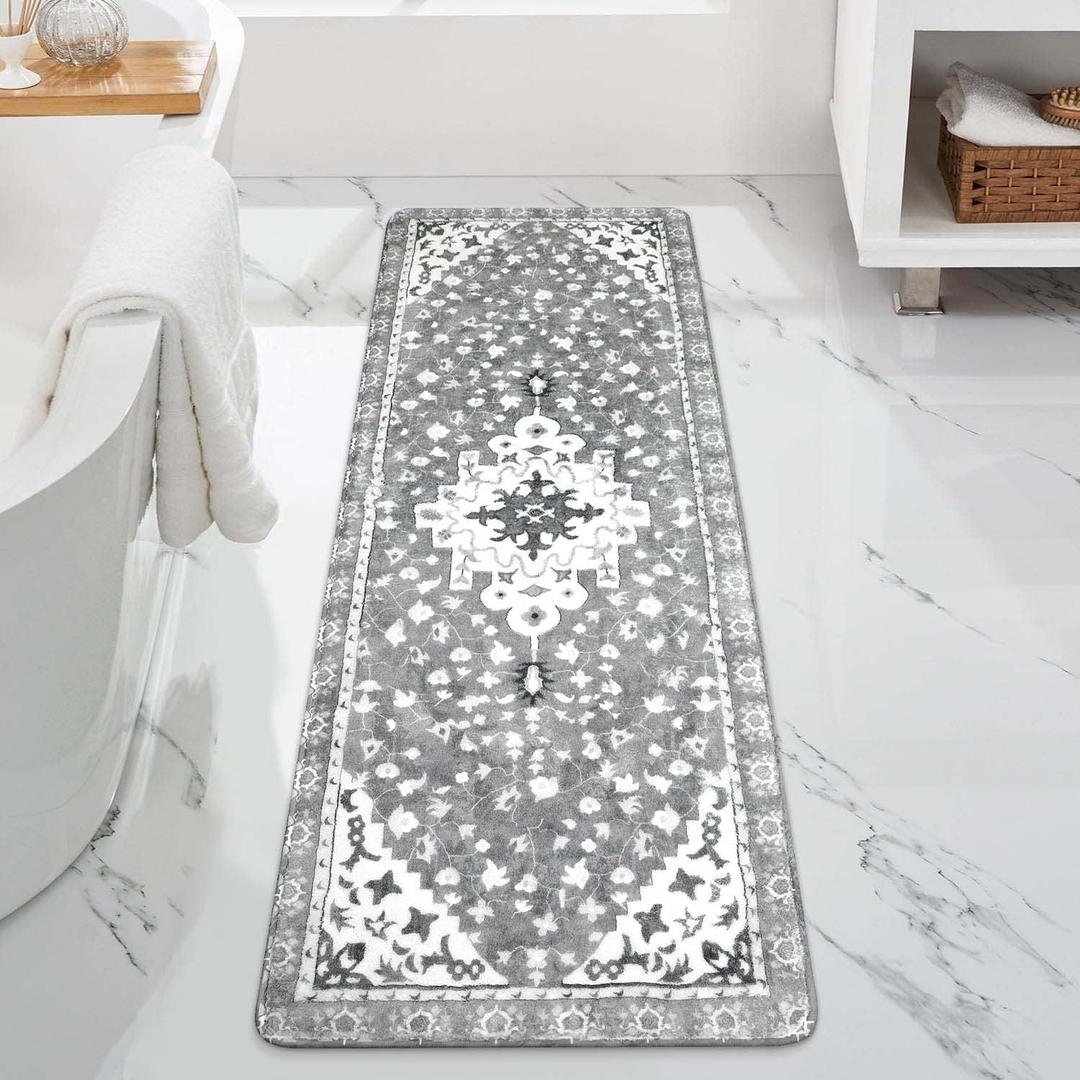 Uphome Boho Vintage Bathroom Rug Runner Gray Non-Slip Soft Long Bath Mat Machine Washable Oriental Bathroom Mats Traditional Tribal Floral Bath Rugs for Sink Shower Tub, 20x59 inch (Grey)