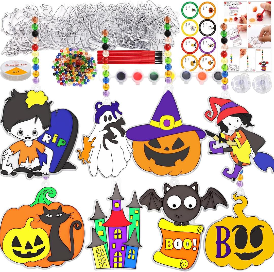WorldBazaar Halloween Suncatchers Craft 24 Sets Halloween DIY Ornament Window Paint Art Craft Kits Pumpkin Bat Cat Sun Catchers for Kids Classroom Family Holiday Activities Party Supplies