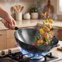 DUMOS 13.5" Pre-Seasoned Carbon Steel Wok Pan for Stir Fry, Black