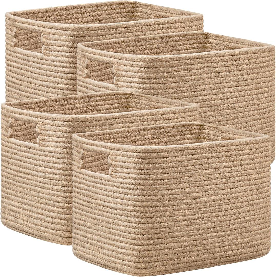 UBBCARE 4 Pack Storage Baskets for Organizing, Shelf Baskets with Handles, Woven Storage Baskets for Bookcase/Cube Shelf/Closet, 14.5"L x 9.8"W x 9"H, Brown