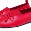 Ballet Flats for Women Cute Bow Round Toe Mary Janes Comfortable Faux Leather Slip On Ballerina Shoes (8, Red)