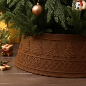 VioraWhite 28 Inch Christmas Tree Collar, Neutral Chunky Cable Knit Tree Base Cover Ring Skirt, Rustic Farmhouse Basket Collar for Xmas Home Office Holiday Decor, Fits 4-6 ft Trees(Dark Khaki)