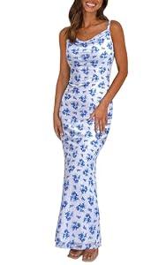 PRETTYGARDEN Women's 2025 Summer Floral Spaghetti Strap Maxi Dress Stretch Sexy Bodycon Dress Backless Slip Long Dresses (Floral Blue, XX-Large)