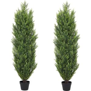 THE BLOOM TIMES Artificial Topiary Cedar Trees Outdoor 4FT Tall 2 Set, Realistic Faux Pine Cypress Shrubs Bushes, UV Resistant Large Fake Evergreen Plants for Front Porch Outside Planter Decor 4 Foot
