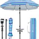 HOMEDEMO 7ft Beach Umbrellas For Sand Heavy Duty Wind, Portable Beach Umbrella UPF 50+ Windproof Outdoor Beach Umbrella with Sand Anchor, Tilt Pole, Carry Bag, Table Tray, Vent and Hook (Blue white)