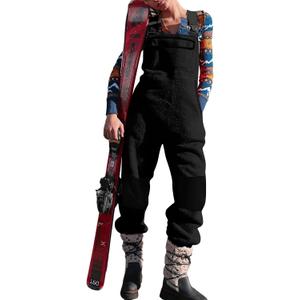 Yousify Women's Fleece Warm Overalls Winter Casual Jumpsuits with Pockets Ski Bibs Snow Pants, Black XL