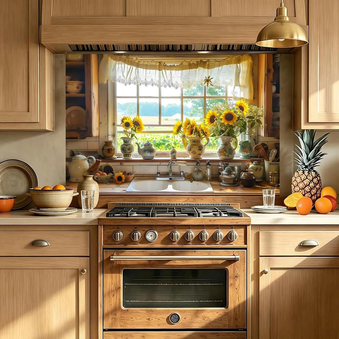 Kitchen Wall Sticker 35.43x23.62in Peel and Stick Kitchen Backsplash Sticker Self Adhesive Kitchen Wall Decal Sunflower Window View Glossy Removable Vinyl Decor Panel
