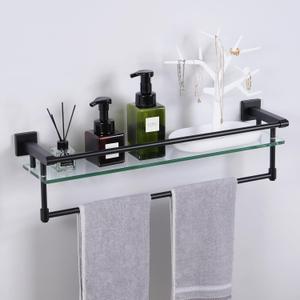Glass Shelves for Bathroom with Towel Bar/Rack 24" Tempered Glass Shelves with Stainless Steel Towel Holder for Wall Shelf Sink Over Toilet (Matte Black), 24-inch with Railing