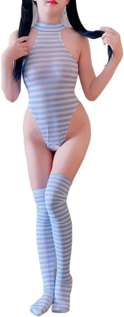 SINROYEE Women Kawaii Anime Onesie SexyCosplay Lingerie set Halter Strap Micro Bra Tiny Panty with Striped Stockings (Blue 1, ONE SIZE)