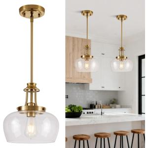 Modern Pendant Lights Kitchen Island, Brushed Gold Pendant Light Fixtures with 10" Clear Glass Shade, Industrial Hanging Pendant Lights Fixture for Kitchen Island Dining Room Bedroom Foyer Entryway