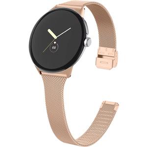 FitTurn Slim Metal Bands for Google Pixel Watch 4 3 41mm/2 1 Band Women Men, Grids Thin Stainless Steel Mesh Loop Snap Clasp Strap Replacement for Pixel Watch 4 3 41mm Fitness & Health Tracker (RoseGold)