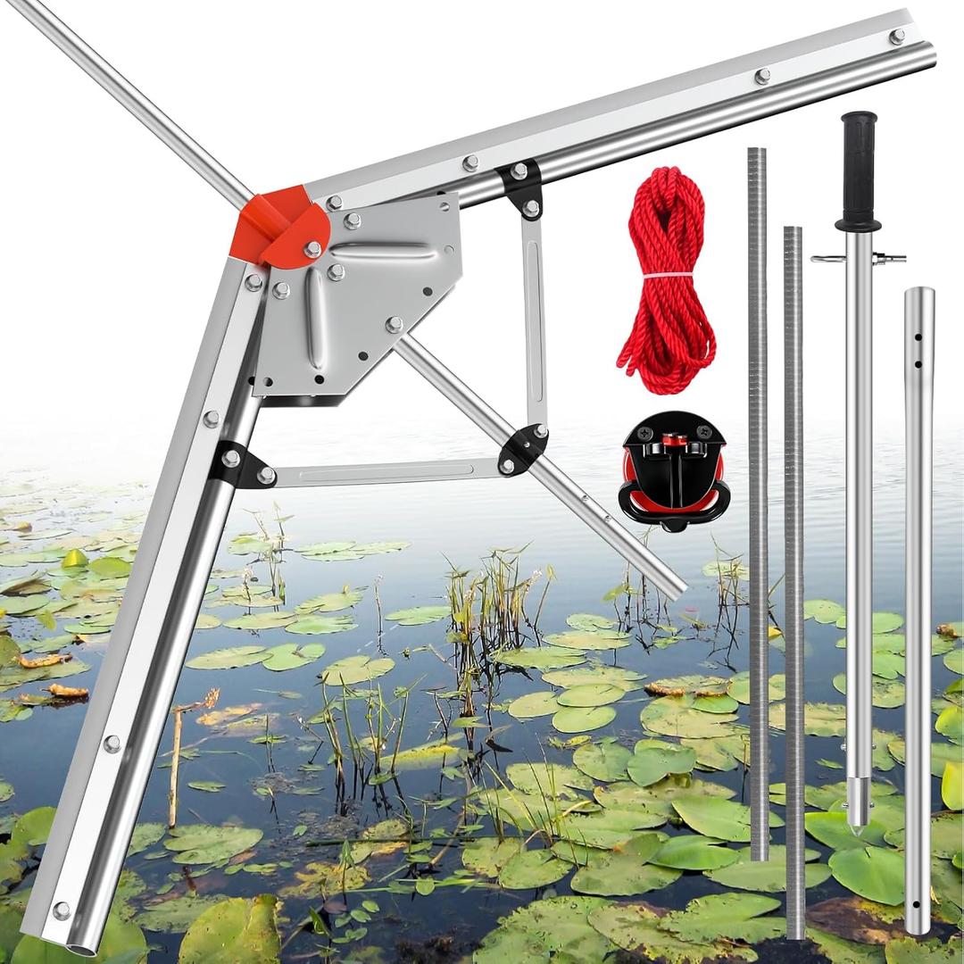 Lake Weed Cutter Pro 2026 Upgrade Aquatic Pond Plant Cutting Tool with Adjustable Cutting Angles,Pond Rake with Sharp Razor Blades Shear Cattail Reed hragmites Lilly and Chara Algae 30 Foot Throw Rope (Large)
