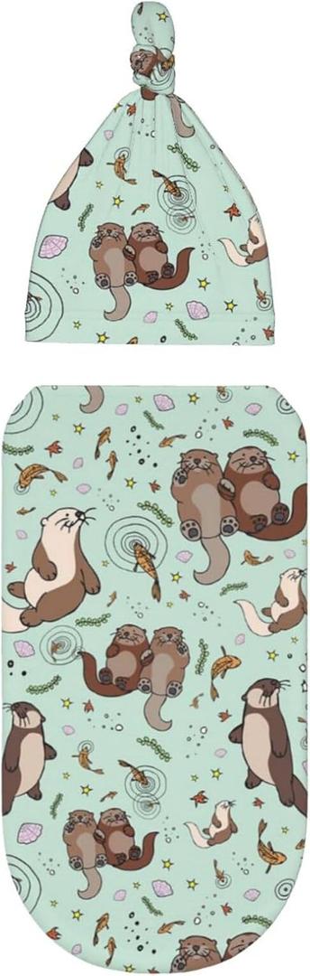 Cute Sea Otters Newborn Swaddle Blankets Beanie Hat Sets, Soft Otter Baby Stuff Blanket Swaddle Sack for Baby Shower Infant Boy and Girl Gift