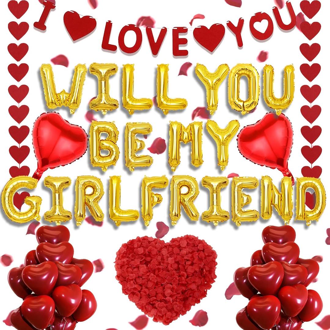Will You Be My Girlfriend - 550 Pcs Romantic Gold Letter Foil Balloons I Love You Banner Garland Streamer Rose Petals For Valentine's Day Confessions Anniversaries Proposal Engagements Decorations