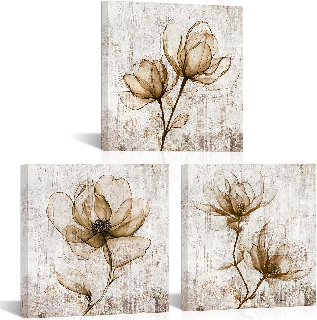 VANSEEING 3 Pieces Rustic Floral Wall Art Canvas Prints Vintage Magnolia Flower Brown Wall Decor Pictures Artwork Decoration for Bathroom Bedroom Farmhouse 12"x12"x3