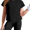 Haloumoning Girls Loose Athletic Shirts Short Sleeve Crop Tops Kids Quick Dry Gym Yoga Tees (9-10 Years, Black)