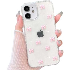 2 x NITITOP Compatible with iPhone 11 Case Clear Cute Sparkly 3D Bow Bling Glitter Bowknot for Women Girls Ultra Slim Anti-Yellow Protective Phone Cover - Pink