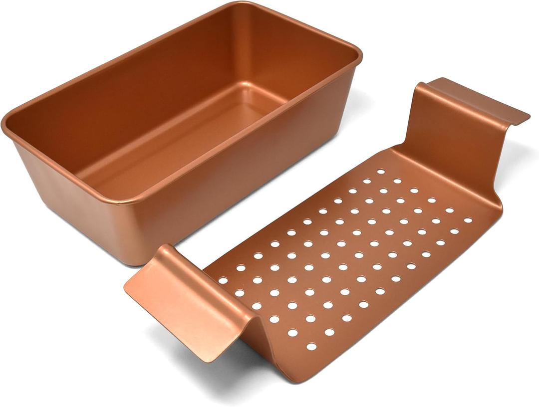 PERLLI Meat Loaf Pan with Drip Tray  2 Pc. 9.8 x 5.7 In. Copper Nonstick Meatloaf Pan with Drain Tray  Large BPA-Free Oven Loaf Pan for Baking, Bread, Cakes, Roasting Meat, & More