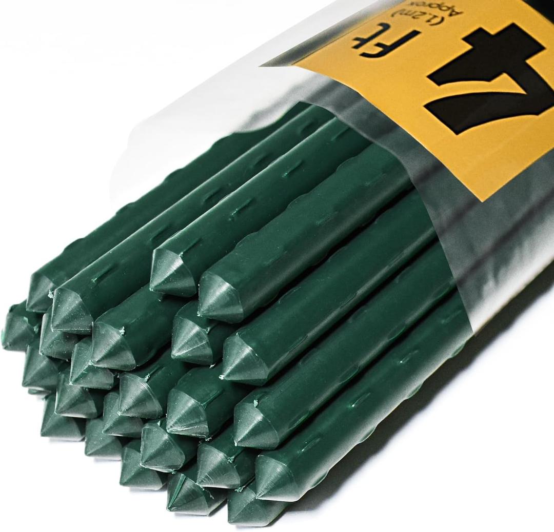 Jollybower 25pcs Steel Plant Stakes 4 Feet,Sturdy Plant Sticks, Plastic Coated Metal Garden Stakes Supports Climbing for Tomato, Bean, Flowers, Tree Potted