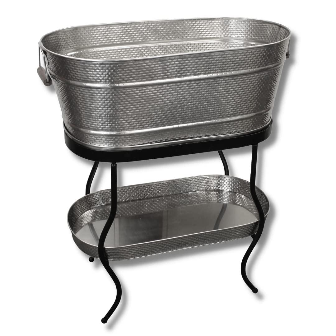 TableCraft GTSS2313N Brickhouse Beverage Tub Set, 12.75 Gallons, 27.5" x 15" x 32" Silver, Includes Stand, Accessory & Condensation Trays, Stainless Steel & Wood, Ideal for Indoor/Outdoor Events
