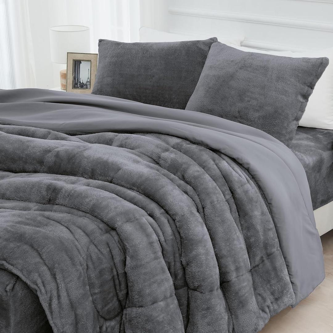 Faux Fur Comforter Set with Fitted Sheet - Luxury Ultra Soft Fluffy Fuzzy Queen Comforter Set, Cozy Warm Plush Bedding Comforter for Winter, 4 Pcs(1 Comforter +1 Fitted Sheet + 2 Pillowcases) (Dark Grey)