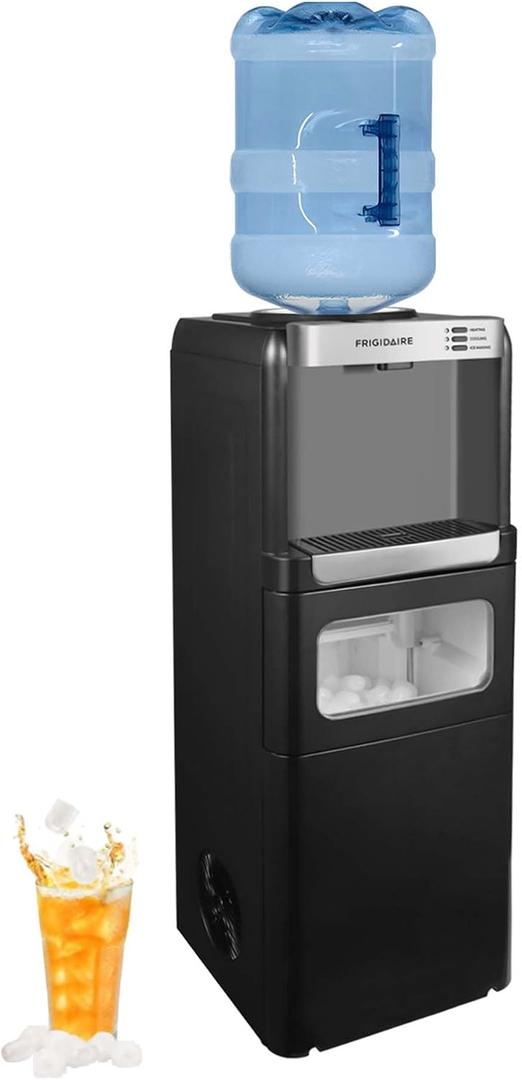 Frigidaire 3-in-1 Ice & Water Machine Hot or Cold Top-Load Water Cooler Dispenser for 5 Gal Bottle Built-in Bullet Ice Maker Compact, Black