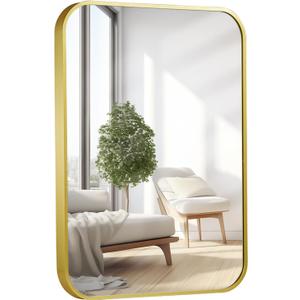 22x30 Inch Bathroom Mirror for Wall,Matte Gold Framed Rectangle Mirror with Rounded Corner,Aluminum Alloy Framed Brushed Wall Mirror for Bedroom or Living Room,Vertical or Horizontal