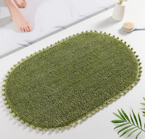 YIRDDEO Olive Green Pom Bath Rug for Bathroom Non Slip, Cute Boho Pom Oval Absorbent Shower Mat, Plush Soft Washable Rug (20x30 inches)