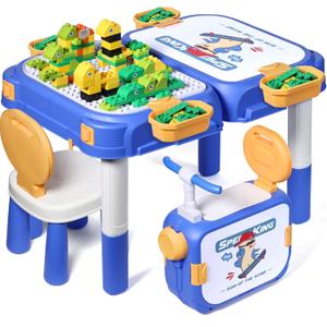 Toddler Table and Chair Set, Water/Sand Sensory Rideable Building Block Kids Table and Chairs with 90 Pcs Compatible Large Bricks, Activity Table with Storage, STEM Toys for Kids Ages 3+