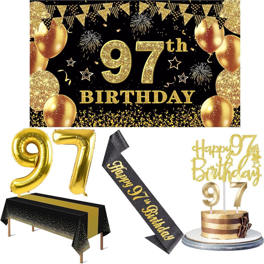 97th Birthday Decorations Men Women with 97th Birthday Banner, Black and Gold Table Cloth, Number Balloons, Large Sash, Cake Topper and Candles