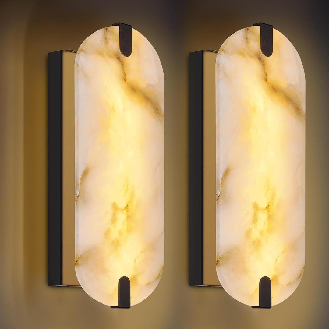 14.17in Alabaster Wall Sconces, Natural Marble Wall Light Set of Two, Modern LED Alabaster Sconces for Living Room Indoor Wall Lamps for Dining Room Stairs Bedroom,Black (2 Pack)