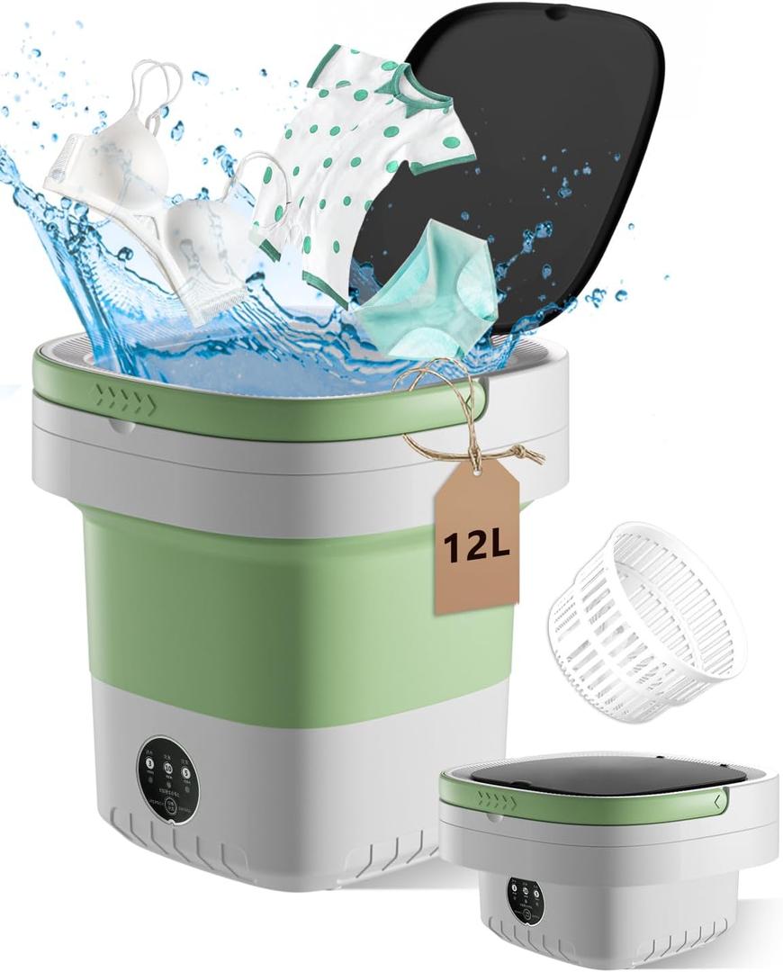 Portable Washing Machine, 12L Large Capacity Laundry Washer Cleaning for Underwear, Baby Clothes, Shirts,Small Delicates. Foldable Mini Washer and Dryer Combo for Apartment,Hotel,Camp,RV,Travel(Green)