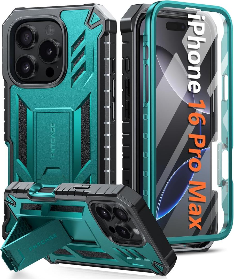 FNTCASE for iPhone 16 Pro Max Case: Military Grade [Built-in Screen Protector] [Kickstand] Matte Textured Drop Proof Protection Cover | Rugged Shockproof TPU Protective Sturdy Phone Cases - Green