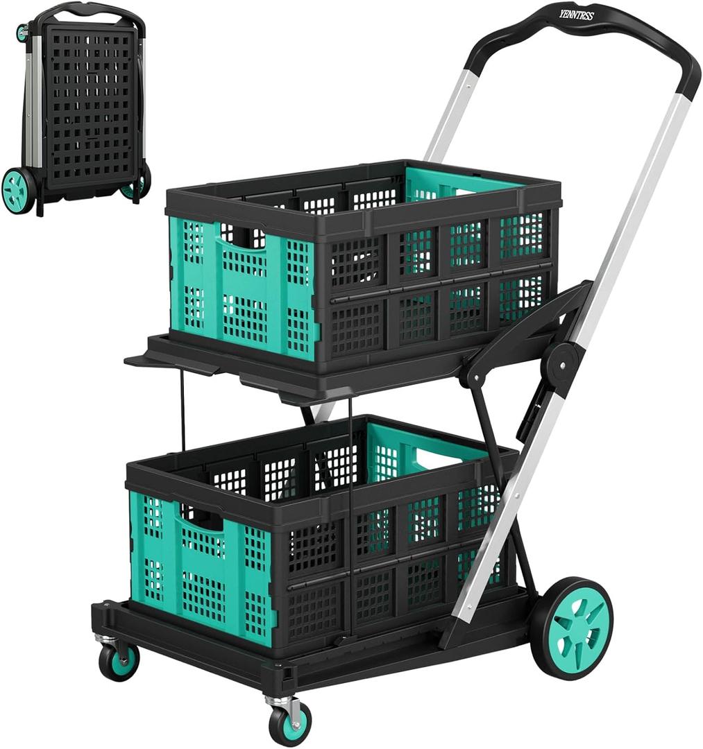 8-in-1 Collapsible Shopping Cart, 350 lbs Capacity Grocery Cart on Wheels, Foldable Shopping Cart with 2 Storage Crates for Shopping, Warehouse, Supermarket and Picnic, Blue